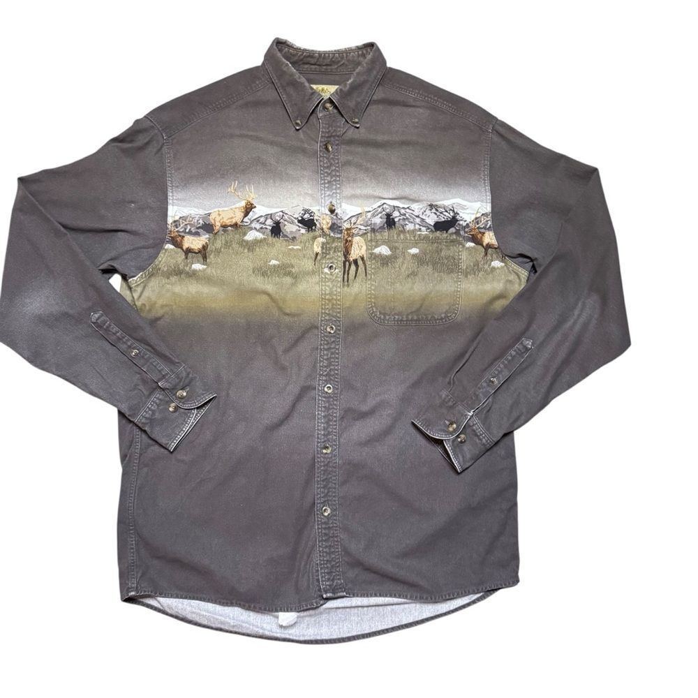 Cabela's Vintage Wildlife Elk Mountain Scene Button Front Shirt Size Large Tall